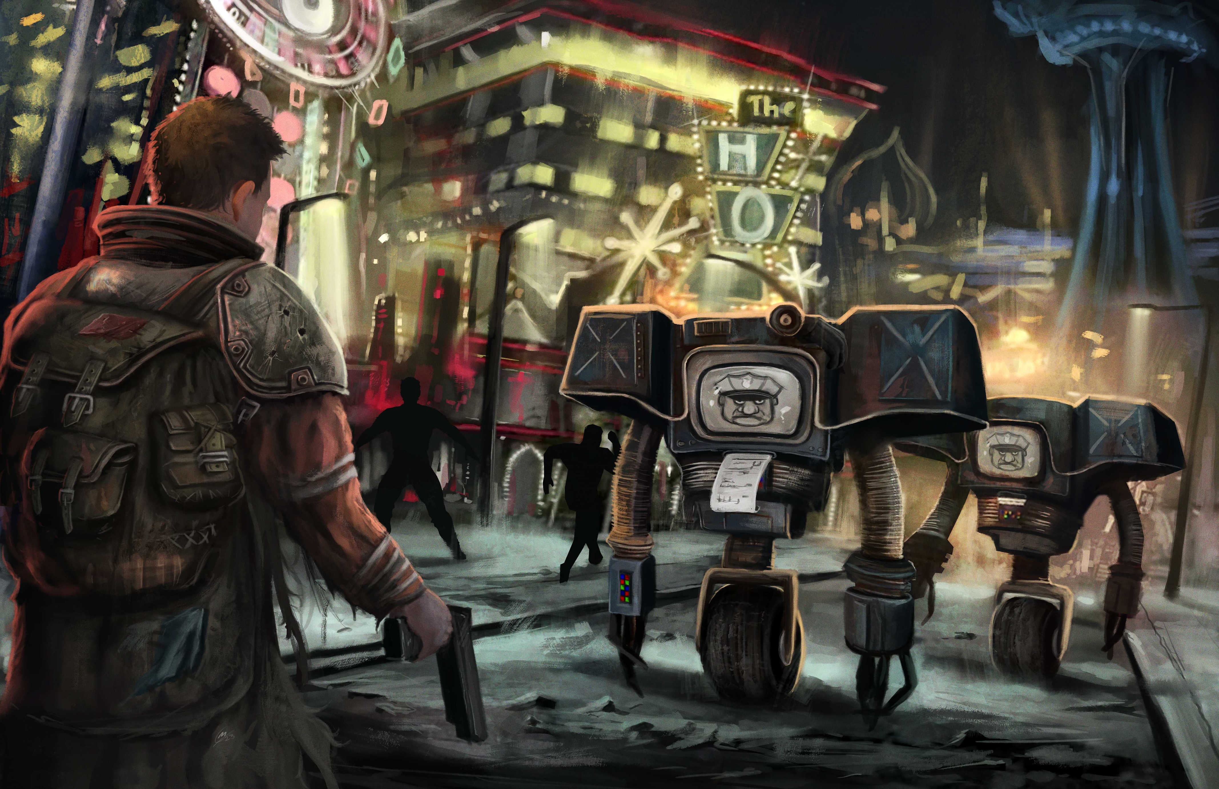 A player confronting a pair of Securitrons on the New Vegas strip in Fallout RPG.