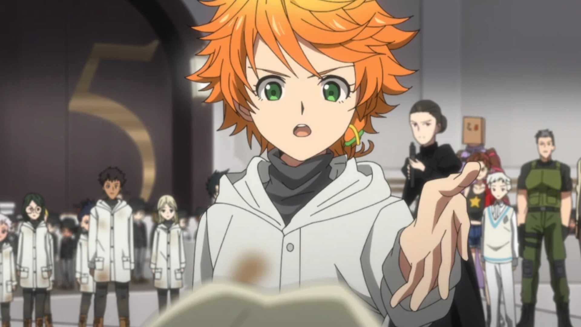 An orange-haired character reaching out in The Promised Neverland season 2.