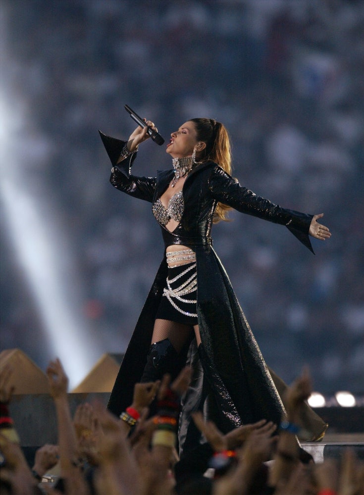 Jan. 26, 2003: Singer Shania Twain entertains during halftime of Super Bowl XXXVII in San Diego.
