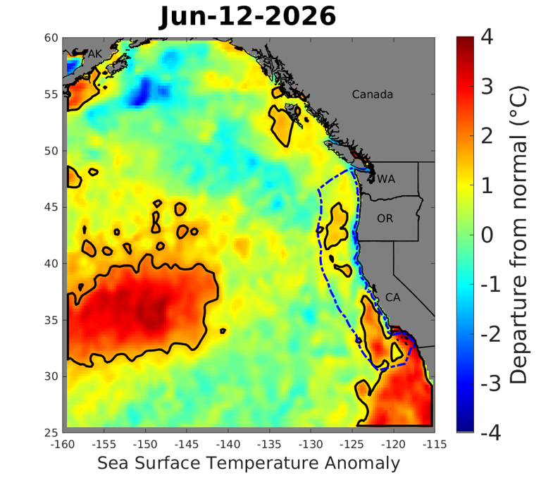 A map of two marine heat waves — currently unrelated to El Niño — off the California coast and farther west in the Pacific Ocean. ((National Oceanic and Atmospheric Administration))