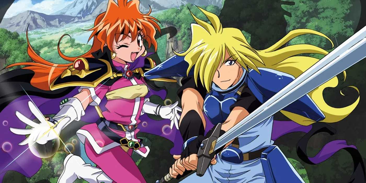 Slayers official visual from the anime adaptation, featuring the two main characters standing side by side wielding a sword and using magic.