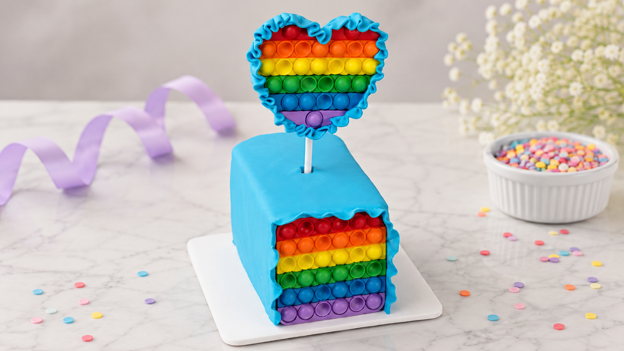 Rainbow pop it surprise cake slice