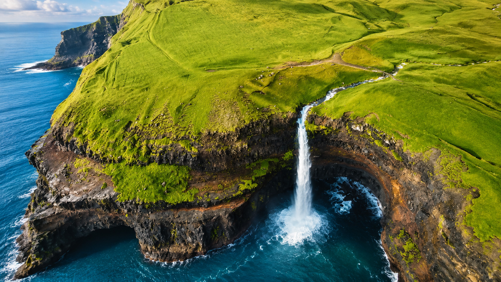 A Faroe Islands waterfall dropping straight into the ocean