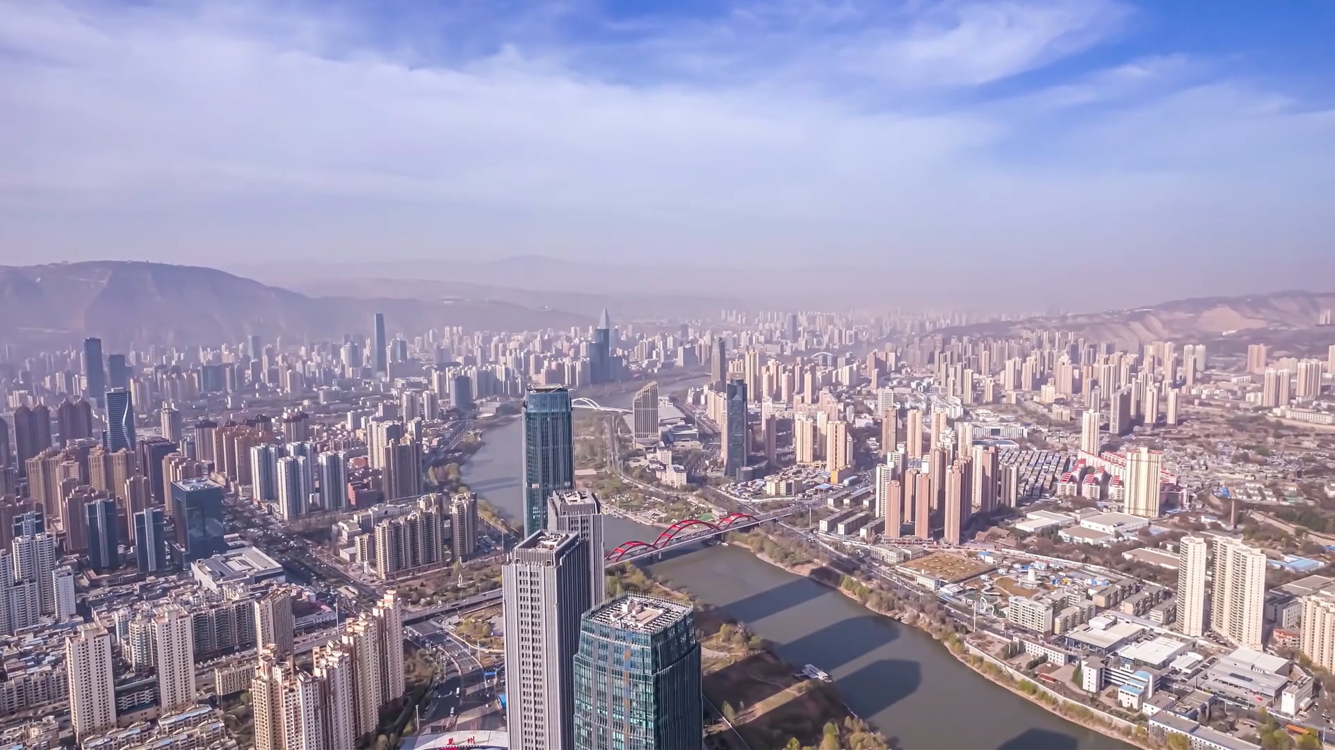Lanzhou China: Drone footage along the Yellow River Valley