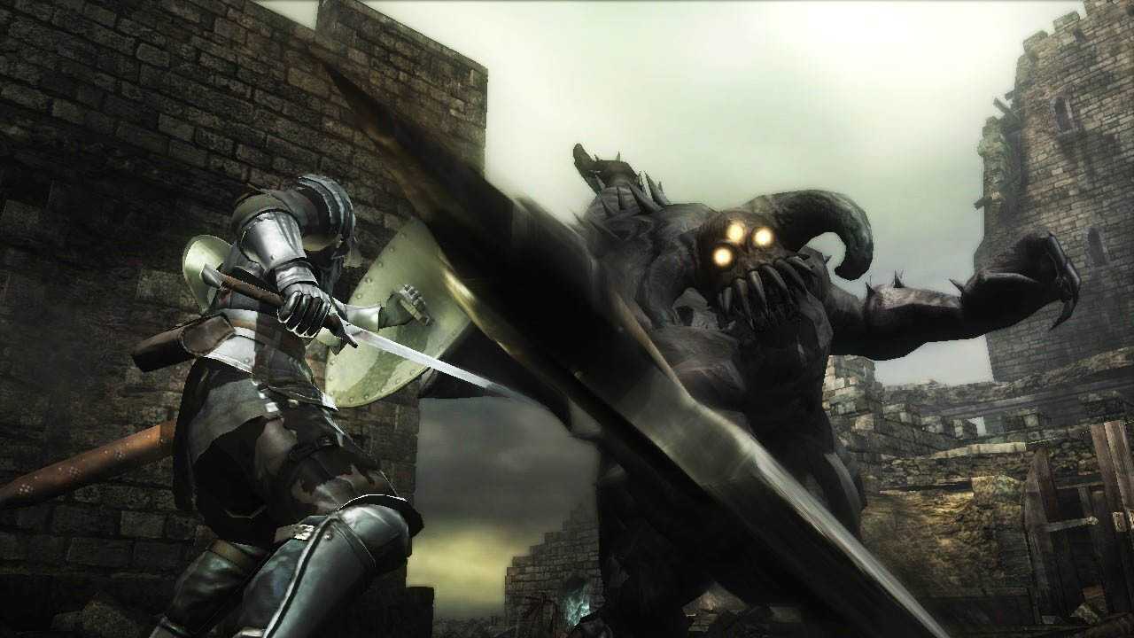 A knight fighting a three-eyed monster swinging an axe.