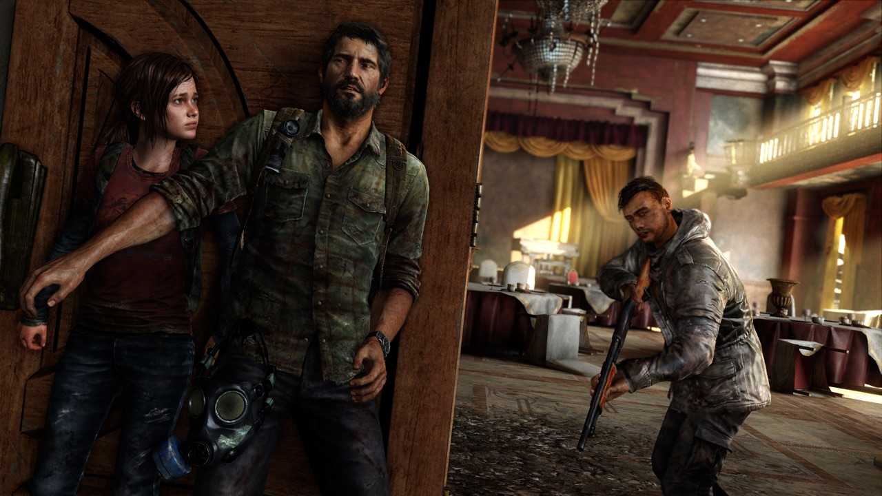 Joel shielding Ellie around a corner from a man with a rifle.