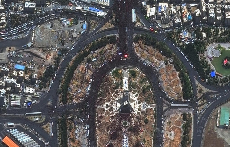 A satellite image shows large crowds gathered near Tehran’s Azadi Square for Monday’s ceremonies.