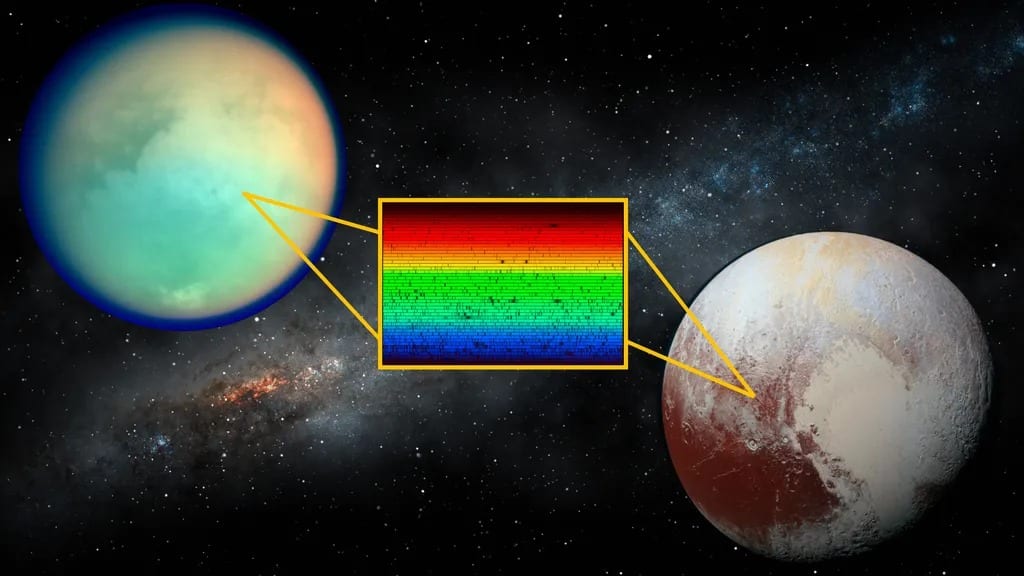 James Webb observations revealed the same unexplained absorption signal in the spectra of Titan (left) and Pluto (right). Credit: Titan: NASA/JPL/Space Science Institute; Pluto: NASA/Johns Hopkins University Applied Physics Laboratory/Southwest Research Institute