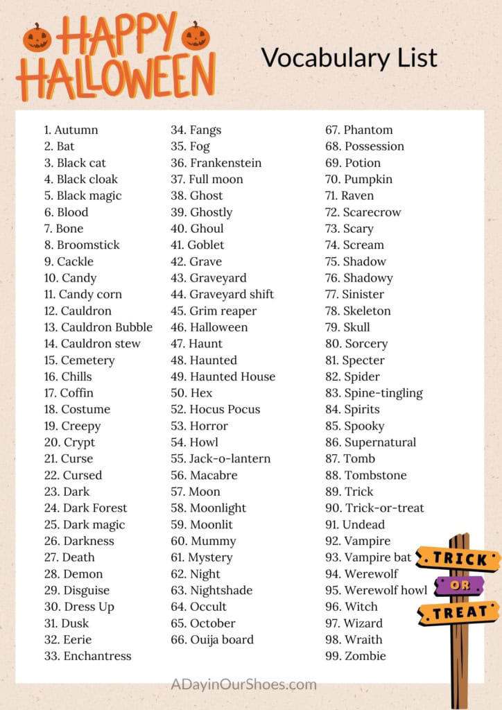 Halloween words PDF: 101 Halloween words, phrases, adjectives, and ...