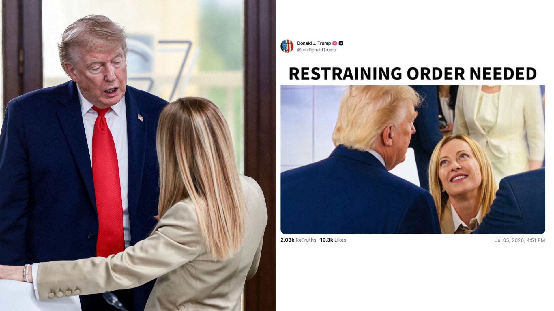 Trump claims he needs a restraining order against Italy's Giorgia Meloni before NATO summit