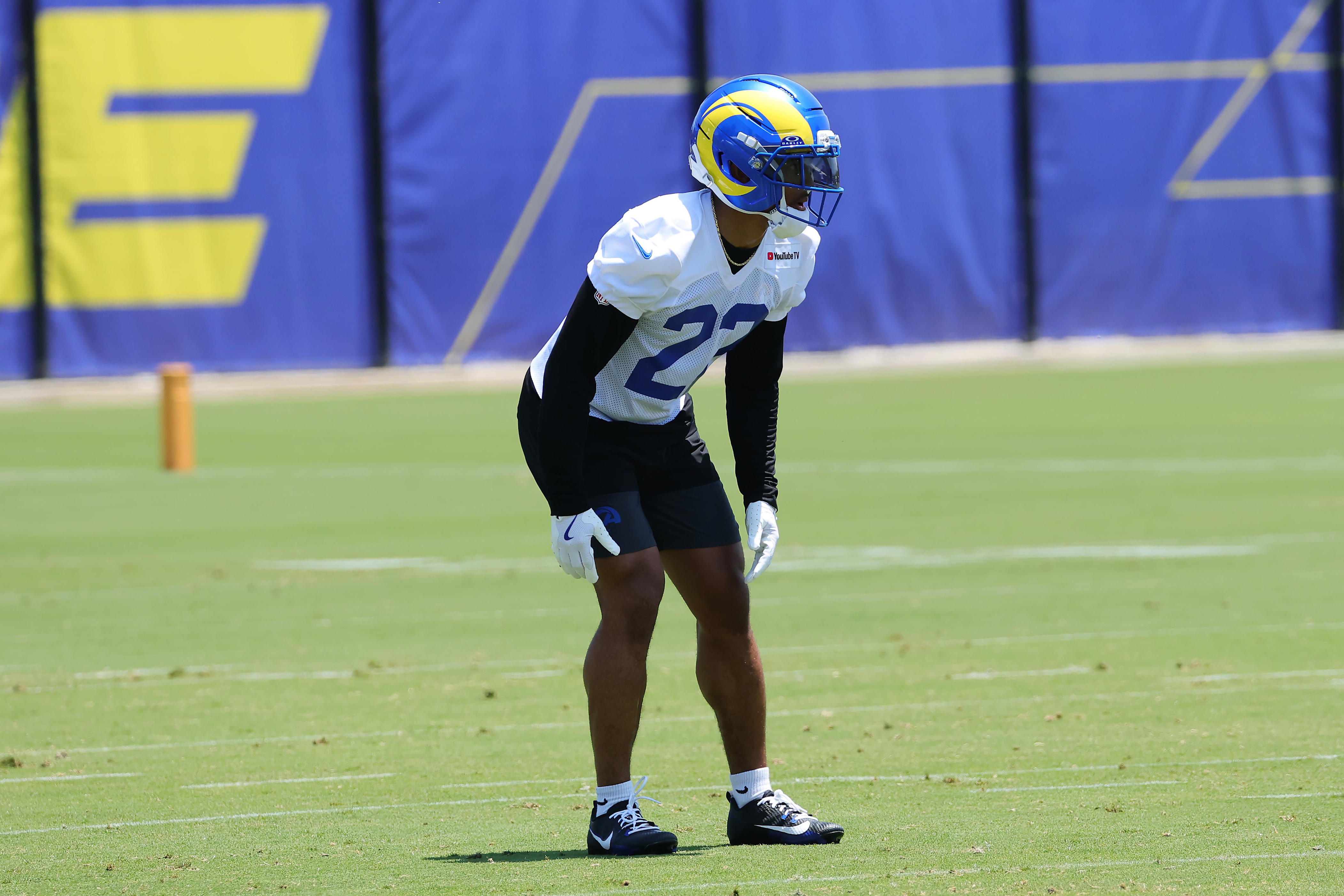 WOODLAND HILLS, CALIFORNIA - JUNE 2: Trent McDuffie #22 of the Los Angeles Rams lines up in pass coverage during organized team activities workout at Rams Village at the Warner Center on June 2, 2026 in Woodland Hills, California. (Photo by Kevin Terrell/Getty Images)