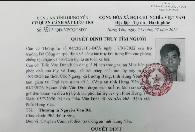 Công an Hưng Yên truy tìm bị can bỏ trốn khi điều trị bệnh