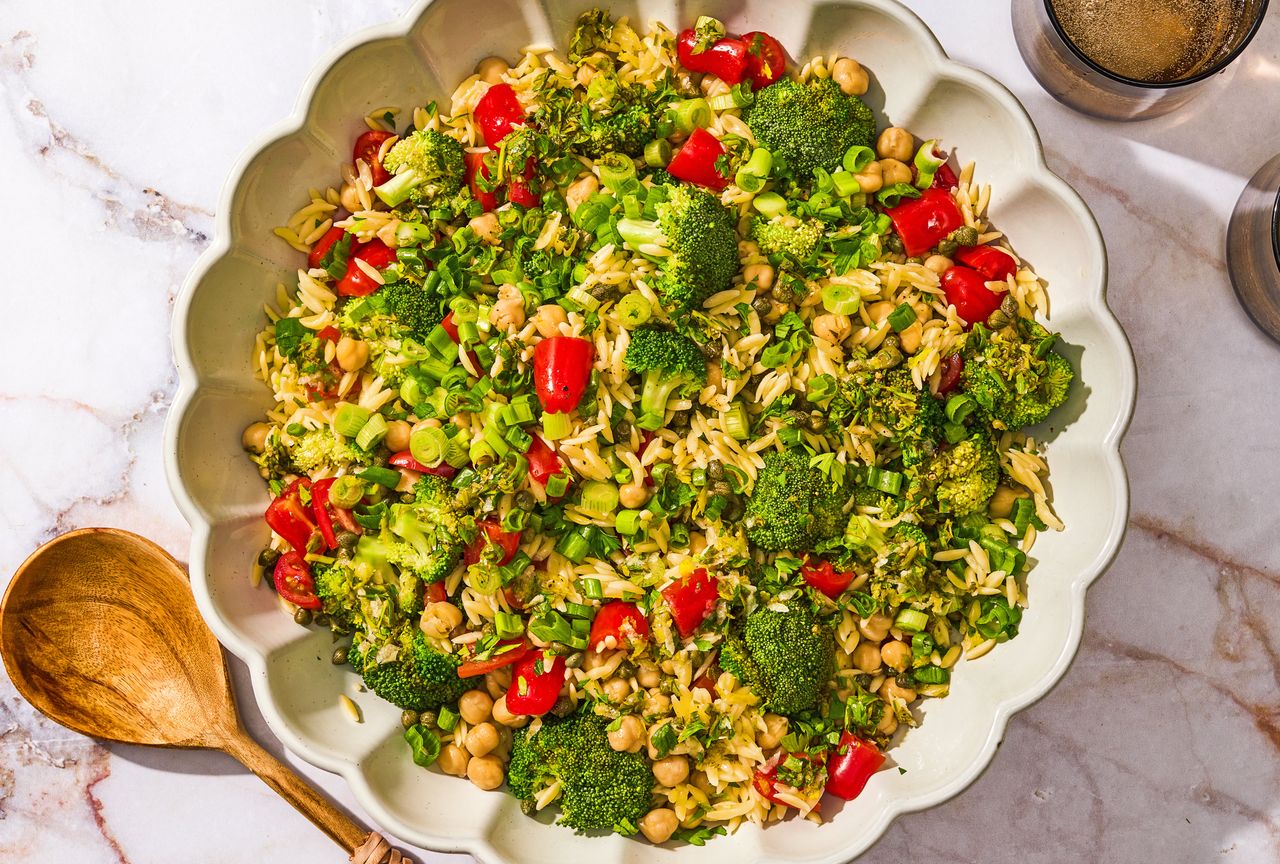 A recipe image of Orzo Salad with Broccoli & Chickpeas.