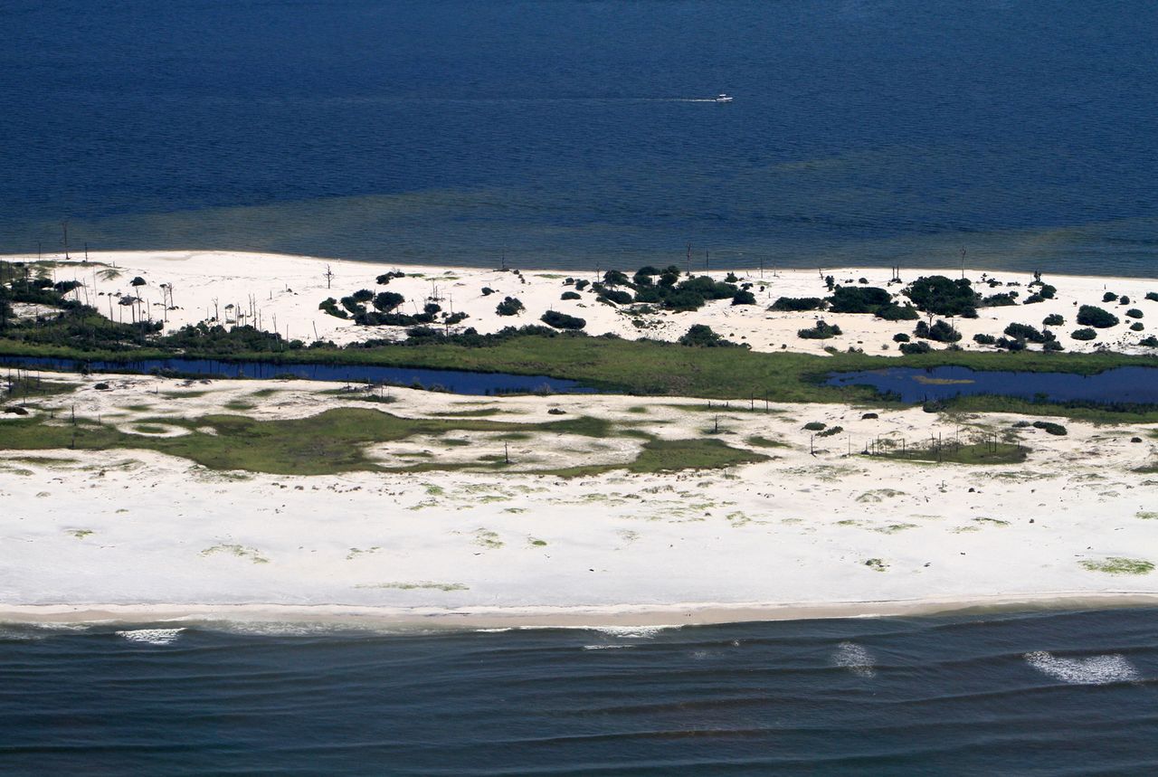 From the air, the beaches of Horn Island appear free of oil from the Deepwater Horizon oil spill in the Gulf of Mexico, Saturday, June 26, 2010.