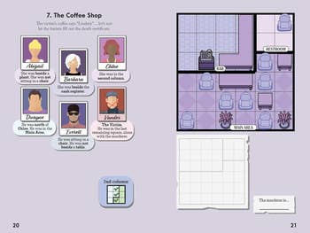 Puzzle game layout with suspects' descriptions. Image shows a coffee shop floor plan and checklist