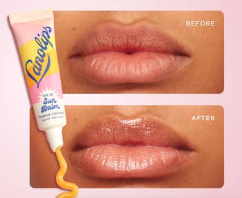 Before and after images show lips without and with Lanolips SPF 30 Sun Balm, highlighting increased shine and smoothness after application