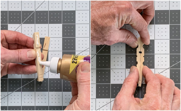 Gluing two clothespin halves together to form a butterfly body