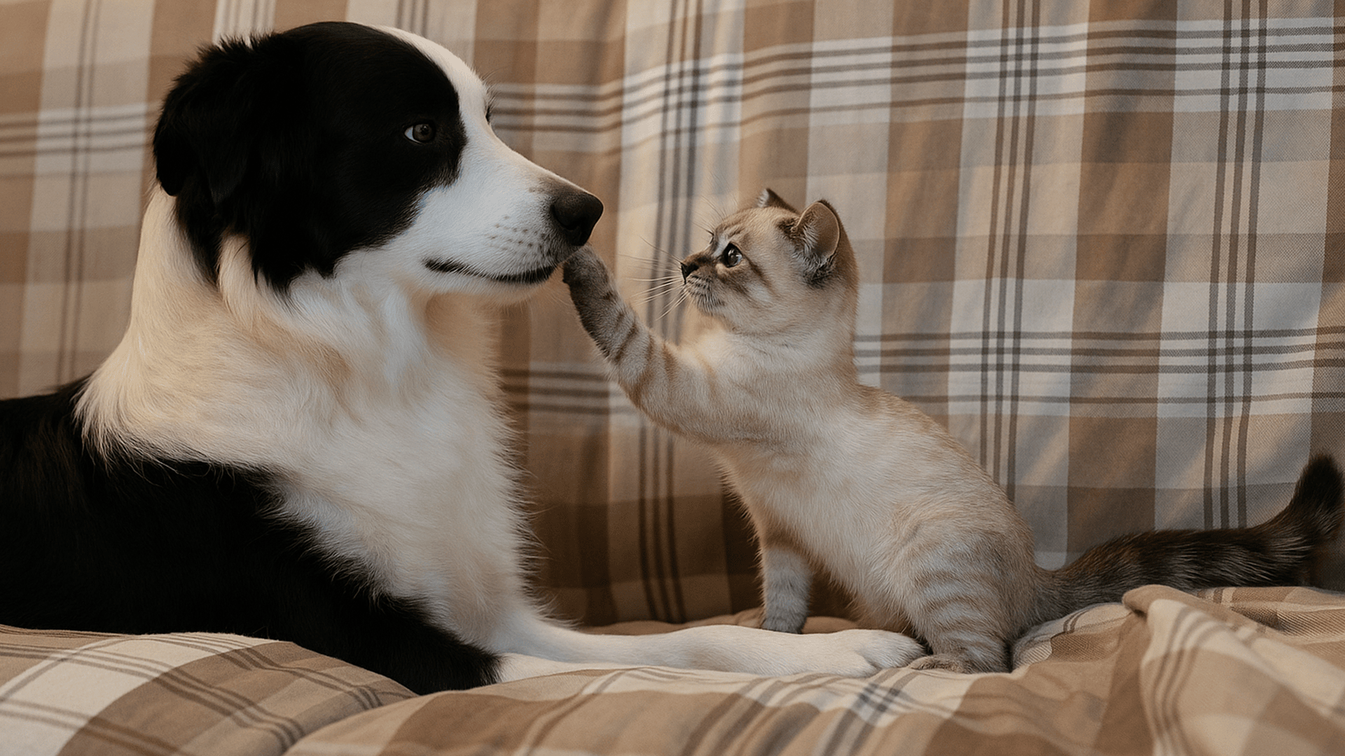 Nieuwsgierig kitten raakt rustig hondje zachtjes aan
