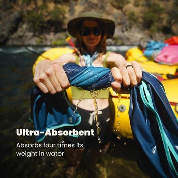 Person by a river twisting an ultra-absorbent towel, with text highlighting its ability to absorb four times its weight in water