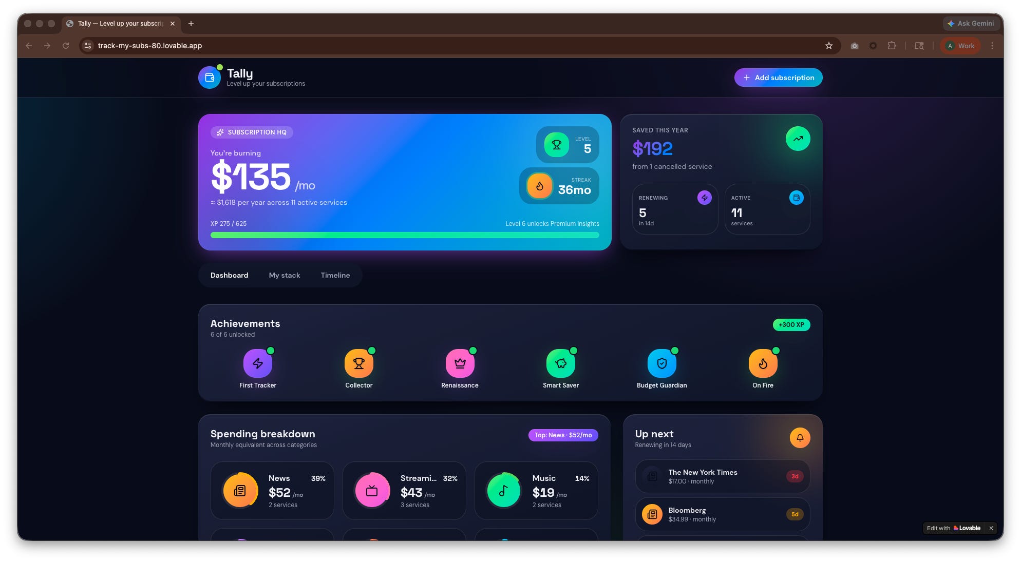 A screenshot of a subscription tracker that we AI-coded in minutes.