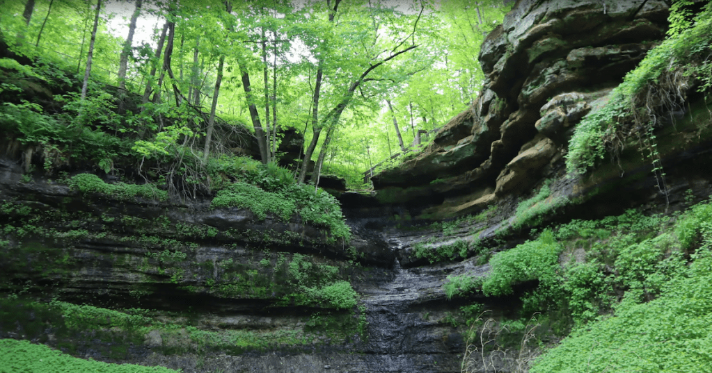 Vivid green moss and leafy trees cover the tiered rock walls at Devil's Punchbowl in Menomonie, Wisconsin.