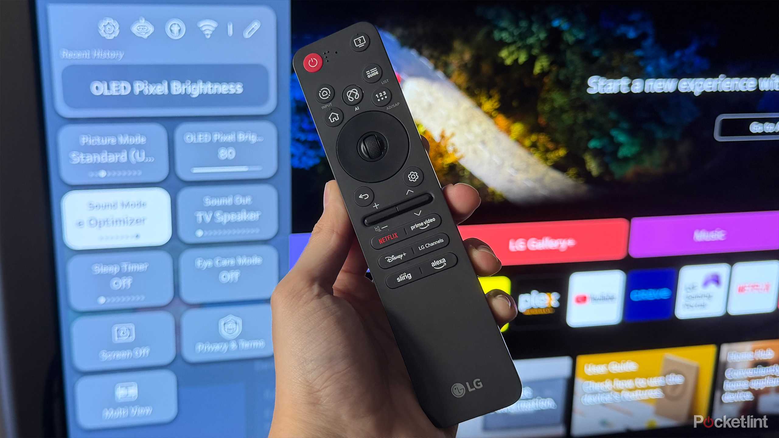 Person holding LG Magic Remote in front of LG TV.