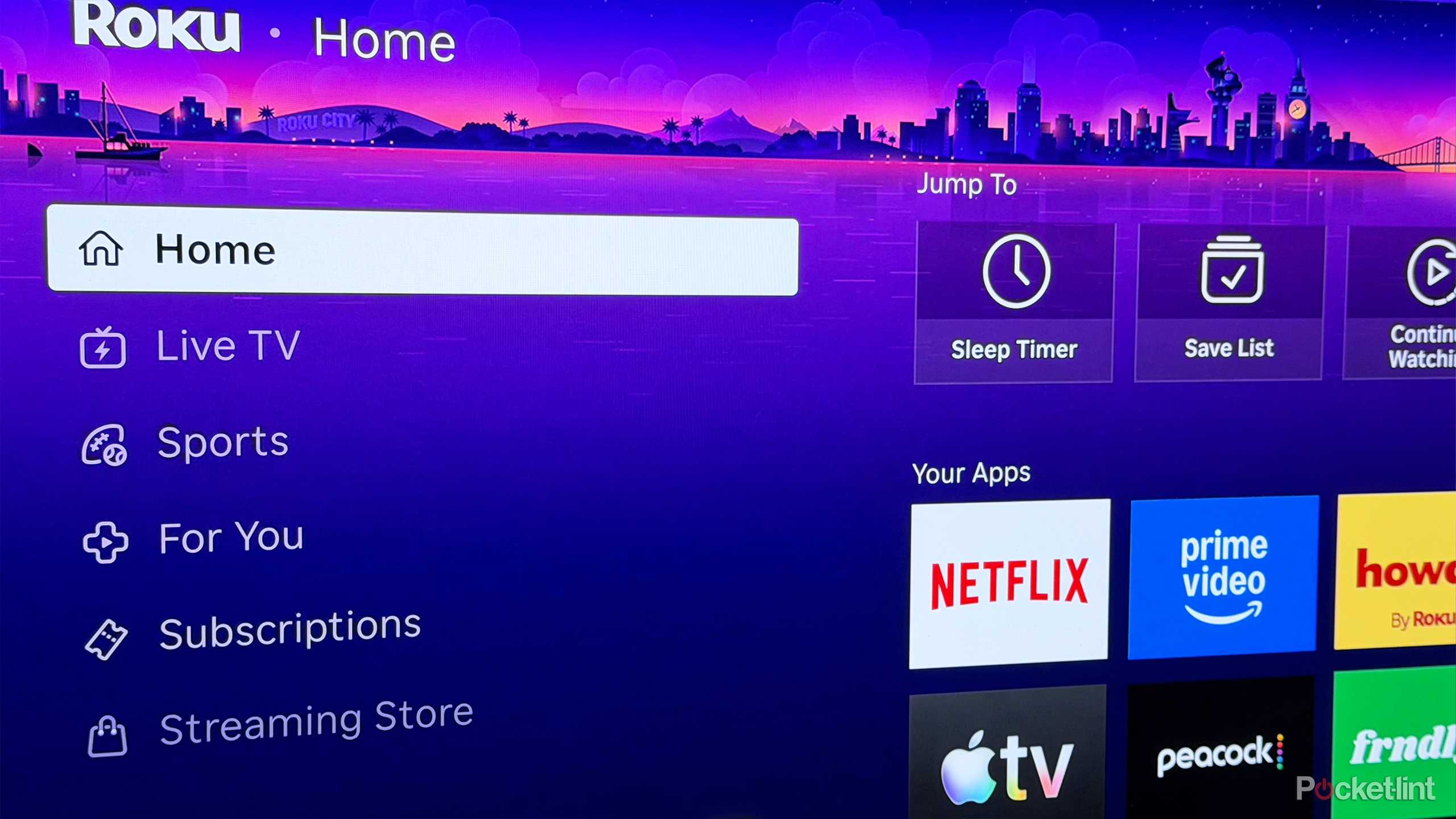 Menu options on Roku TV.