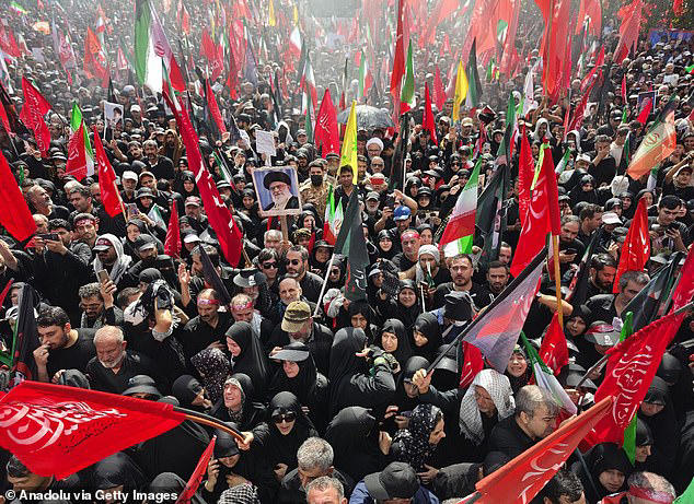 The ceremony drew large crowds carrying Iranian flags and portraits as mourners filled Damavand Avenue and the Imam Hossein, Enghelab and Azadi squares across the capital