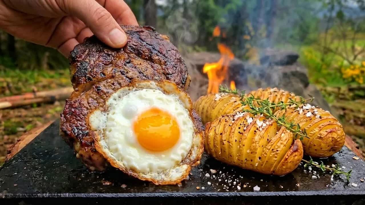 A hot stone turned steak, eggs, and potatoes into a forest feast