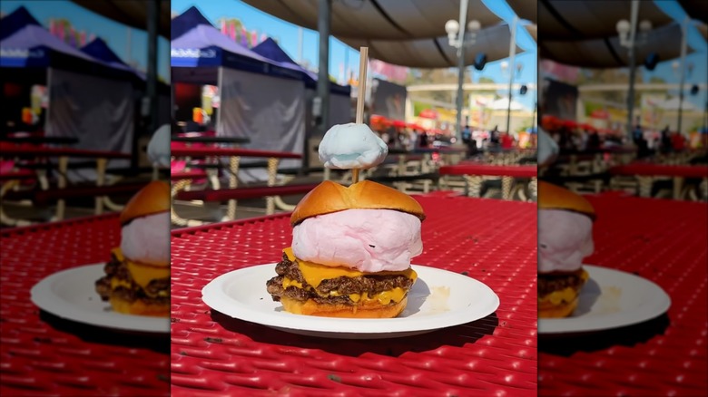 Cotton candy burger on red table