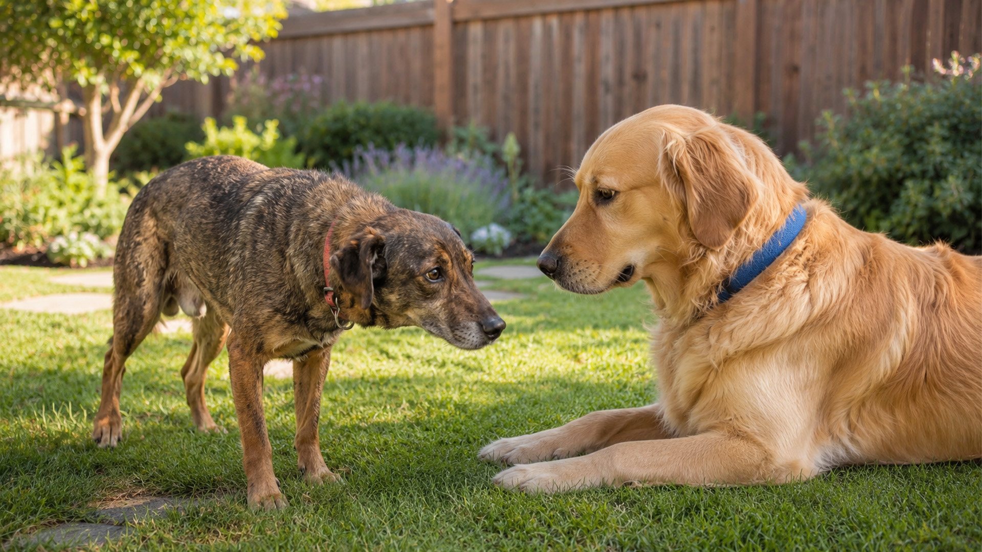 Golden retriever wins over a broken rescue dog