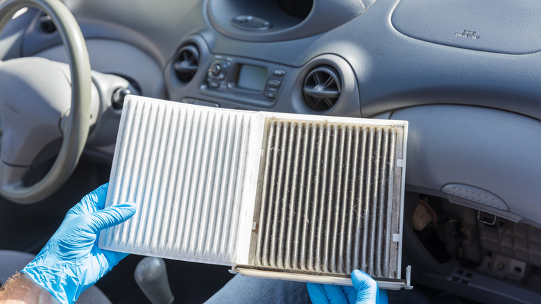 Dirty and clean cabin air filter side by side