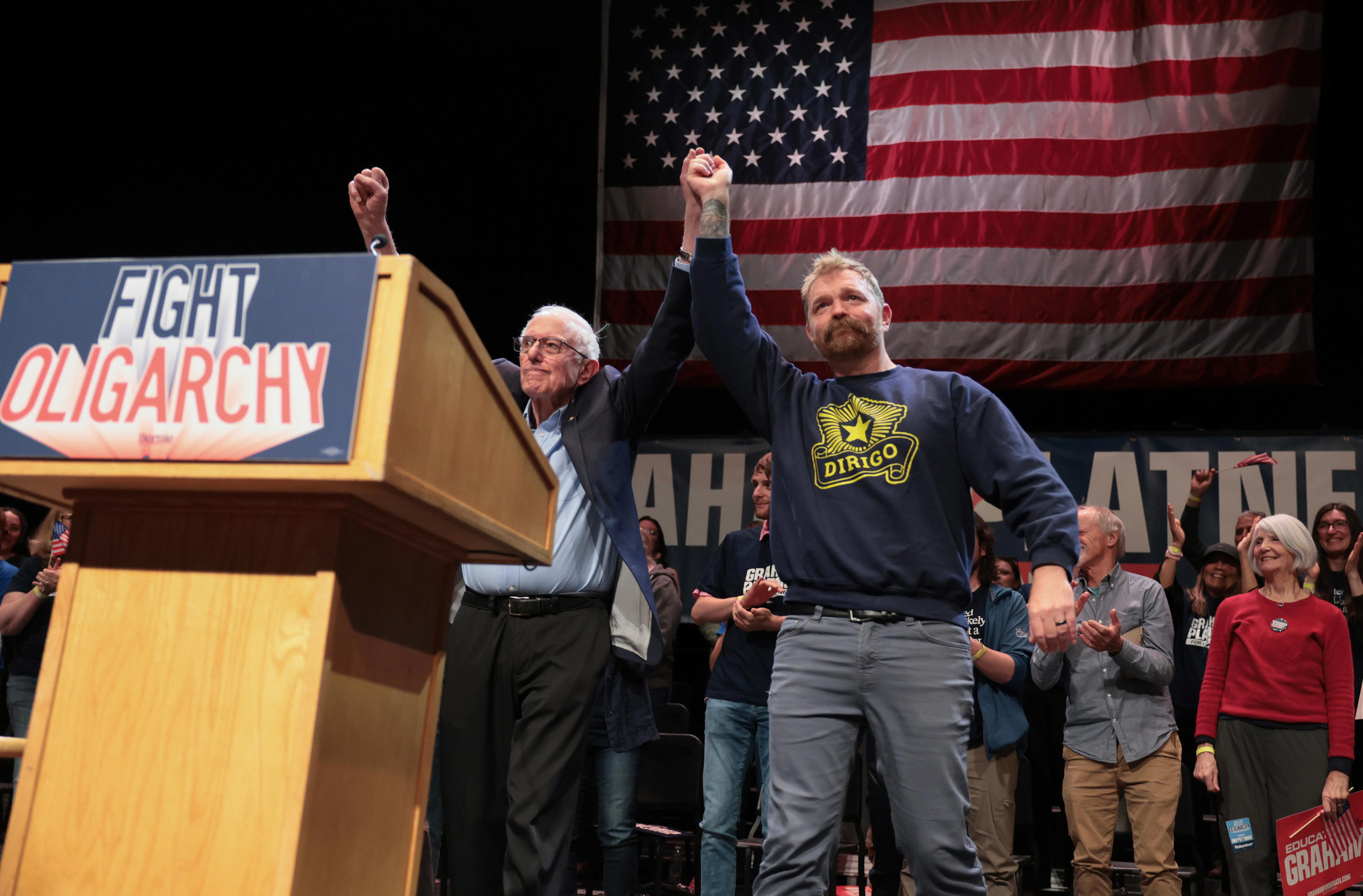 Sen. Bernie Sanders (I-VT) and Democratic U.S. Senate candidate Graham Platner together during a “Fighting Oligarchy” tour stop at the Collins Center for the Arts on the University of Maine campus on May 24, 2026 in Orono, Maine.