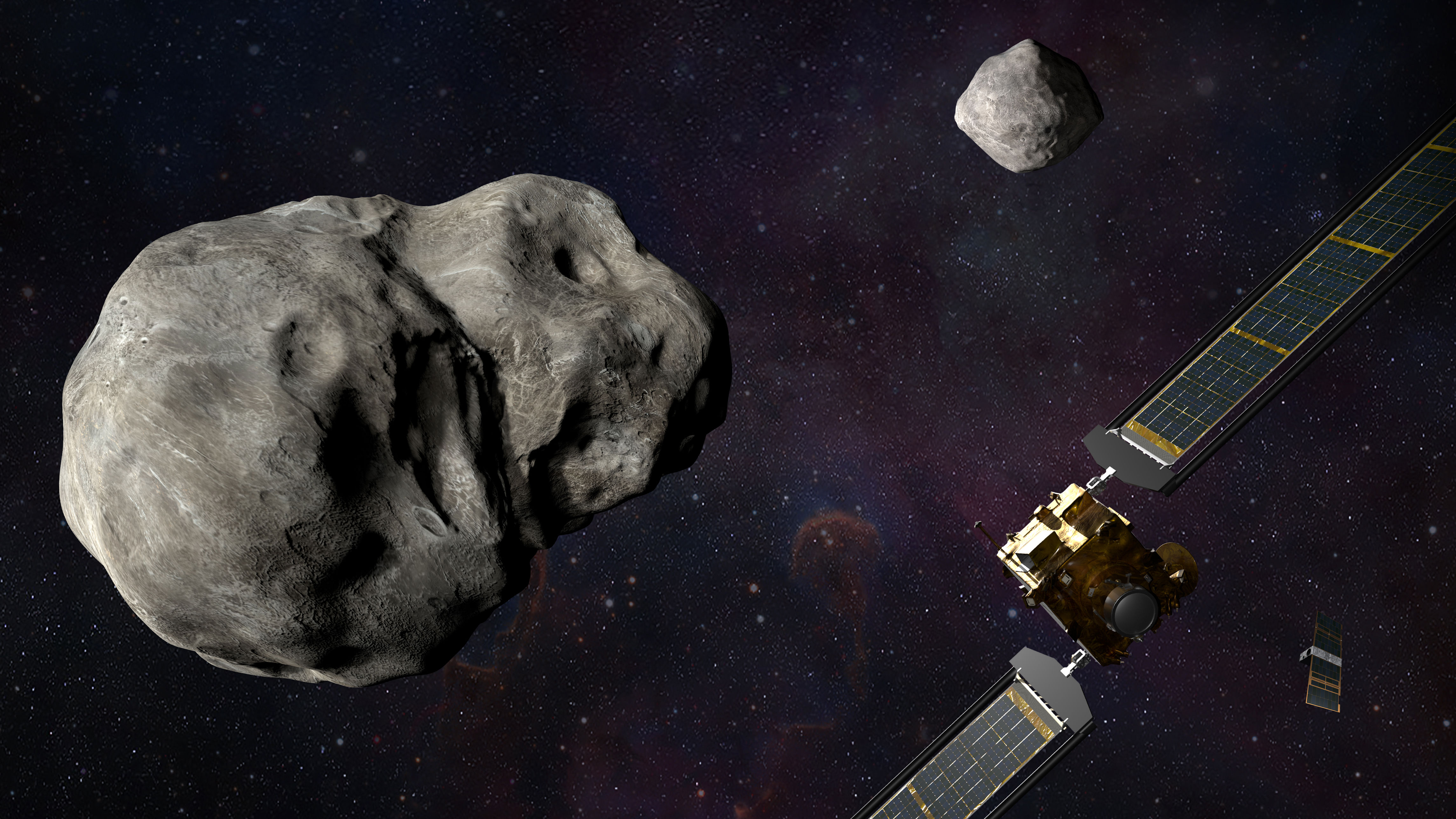 a cube-shaped spacecraft with two wing-like solar arrays flies towards two large rocks in space
