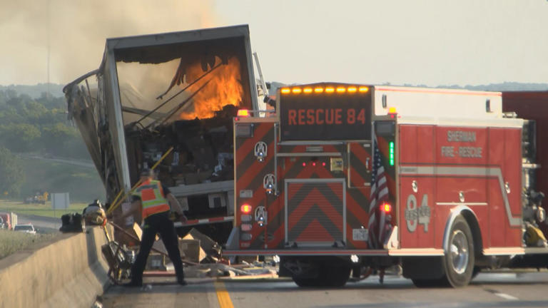 18-wheeler fire shuts down northbound US-75 in Sherman