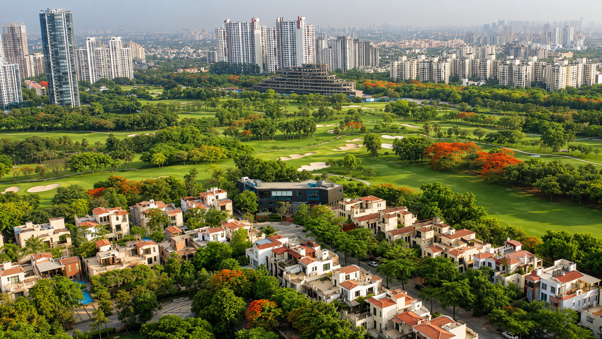 A modern Indian city balancing tech and green spaces