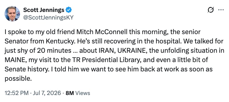 MAGA influencers are not buying Jennings and other Republicans’ claims that they had spoken to McConnell. / Scott Jennings/X