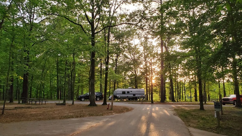 Cars a trailer parked at a campsite in the woods at Cane Creek State Park, Arkansas