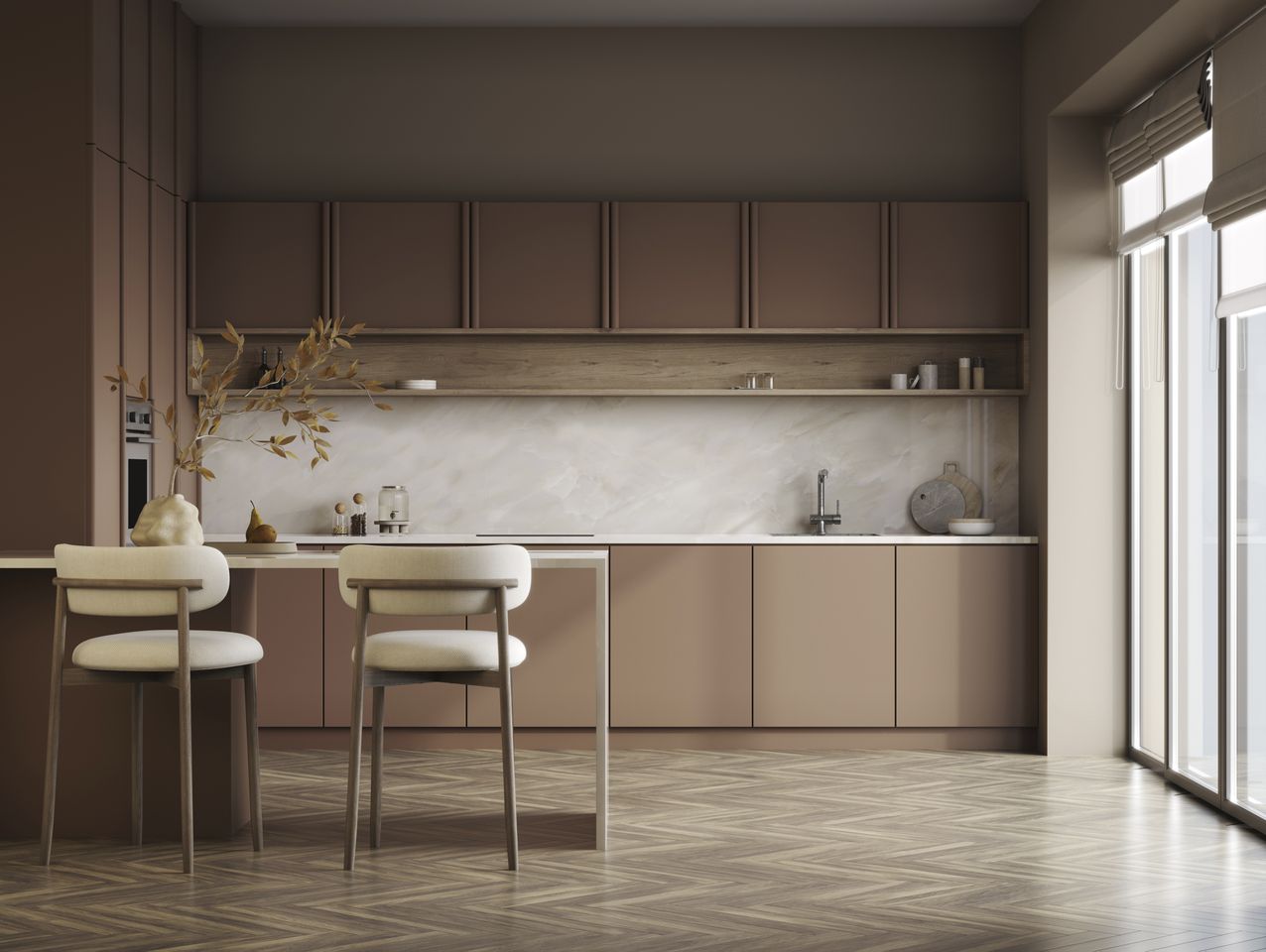 Modern kitchen with an island and chairs wood cabinets and a marble backsplash
