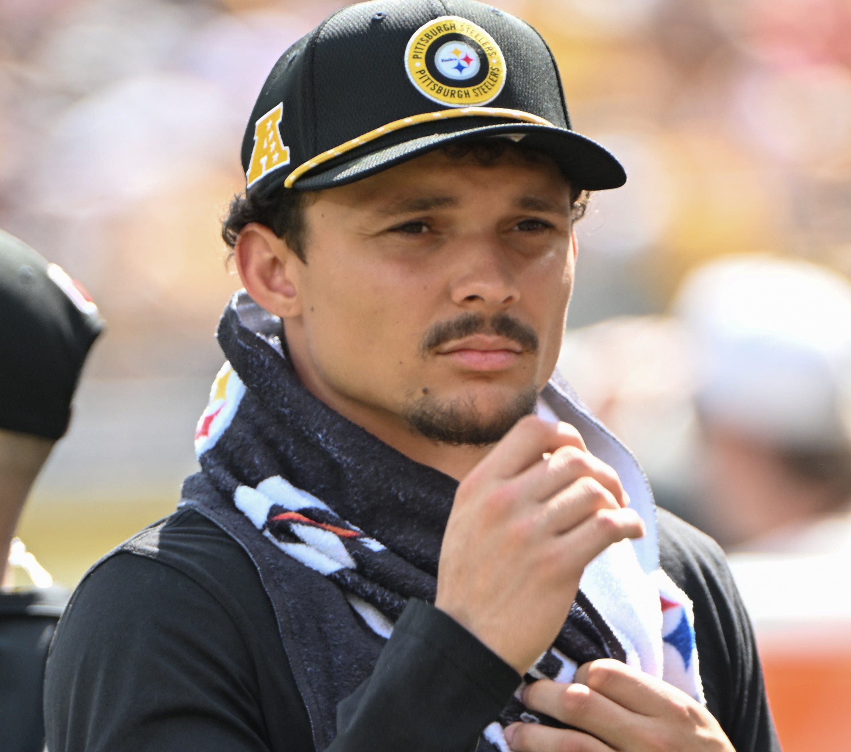 Sep 22, 2024; Pittsburgh, Pennsylvania, USA; Pittsburgh Steelers wide receiver Roman Wilson (10) watches the action during the first half of a game against the Los Angeles Chargers at Acrisure Stadium. Mandatory Credit: Barry Reeger-Imagn Images