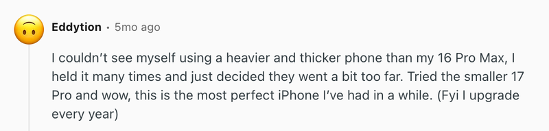 At least one user thinks the iPhone 17 Pro has the perfect size. | Image by Reddit (Screenshot