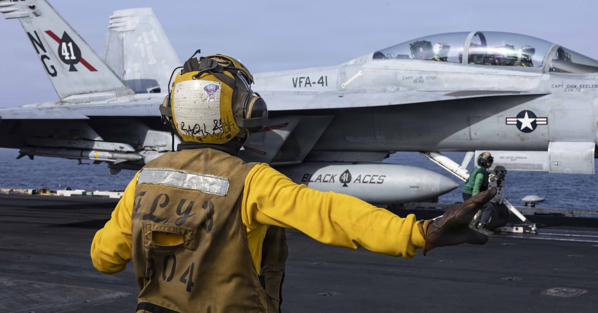 An F/A-18F Super Hornet, attached to Strike Fighter Squadron (VFA) 41, prepares to launch from the flight deck of Nimitz-class aircraft carrier USS Abraham Lincoln (CVN 72).