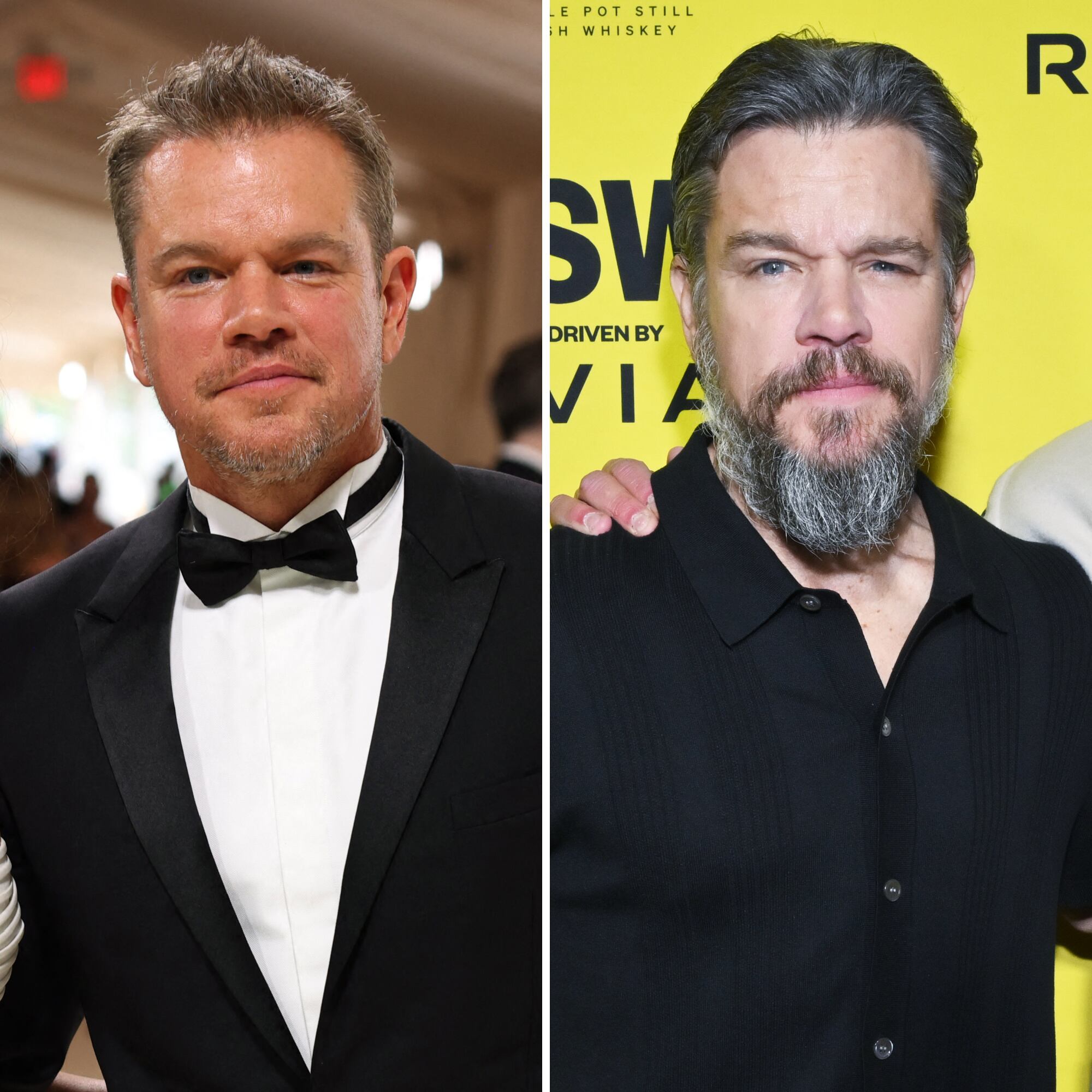 Matt Damon grew a beard for his role as Odysseus. Pictured here in May 2024 and in March 2025. / Andrew Kelly/Reuters;Michael Buckner/Getty Images