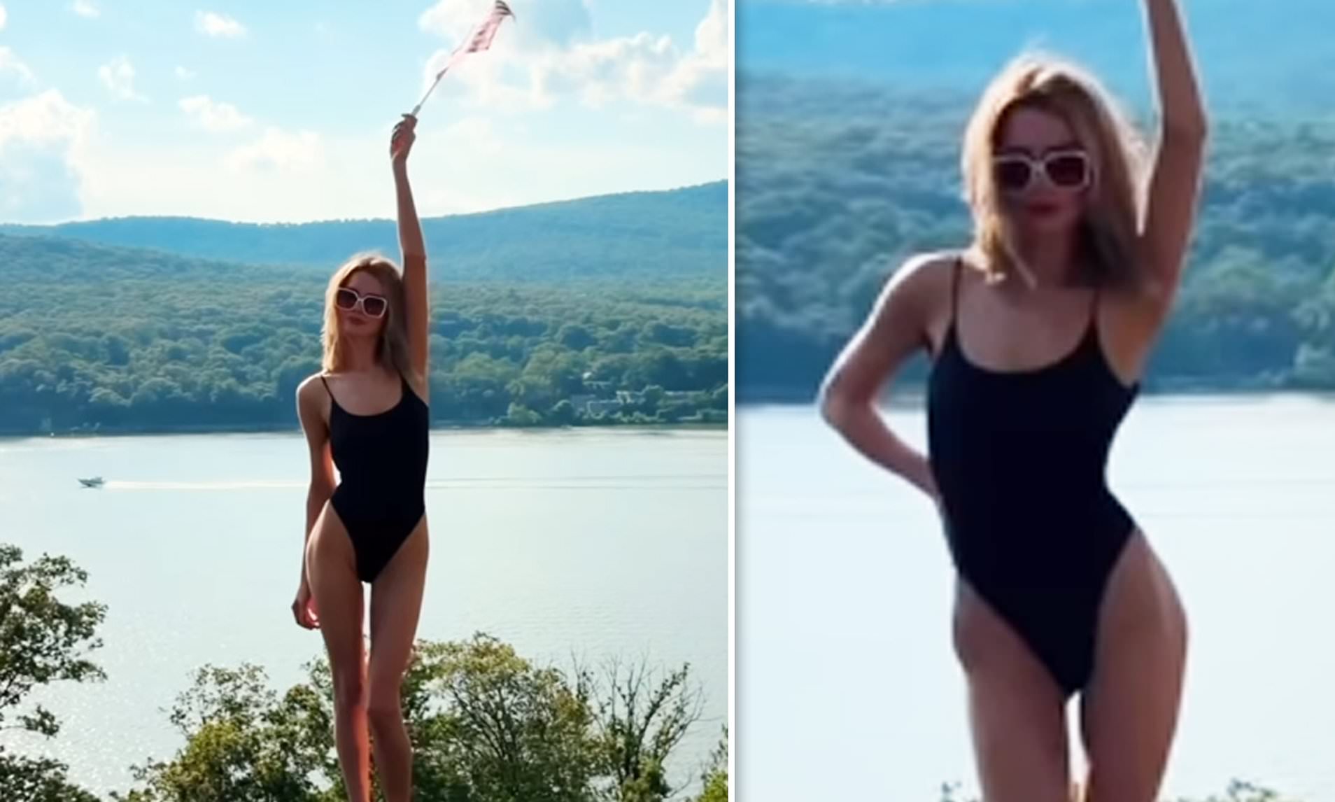 Svelte career criminal poses up a storm in sleek black swimsuit as part of very patriotic display
