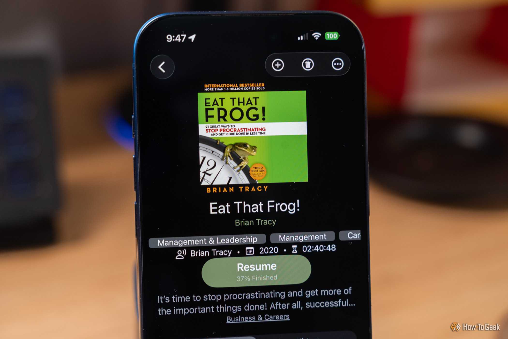 Audiobookshelf on iPhone showing Eat That Frog audiobook resume screen.