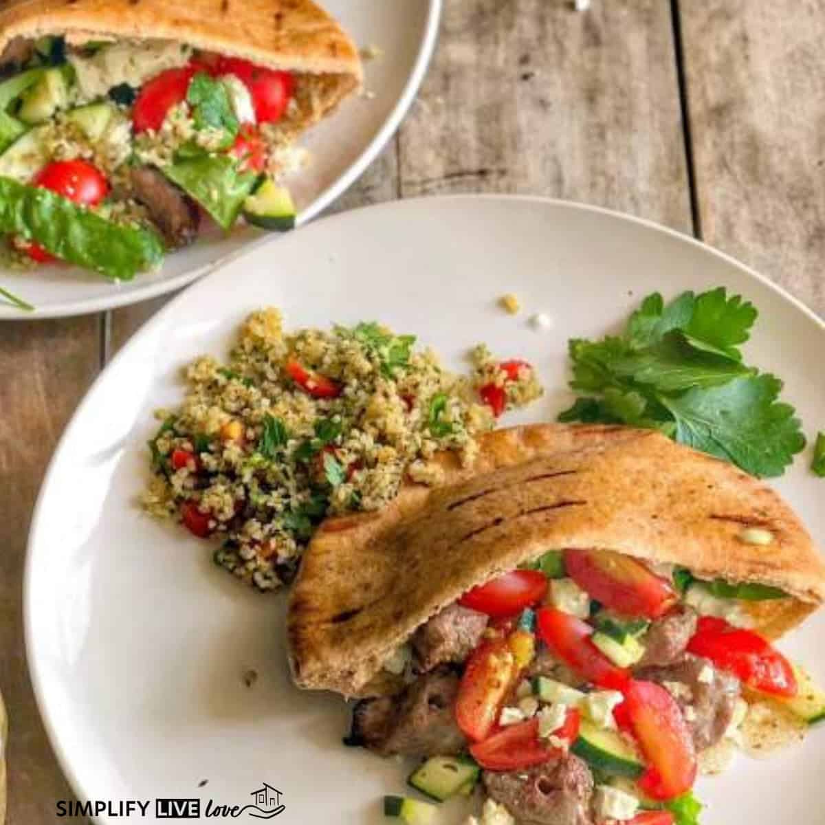 Greek steak kabob pitas with homemade vinaigrette