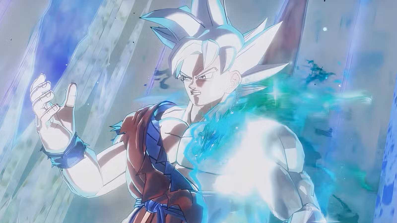 Goku Ultra Supervillain Quelled looks at his hand in Dragon Ball Xenoverse 2.