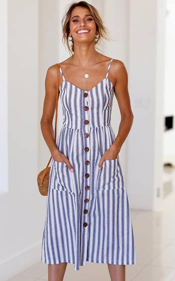 model in blue and white vertical stripe version