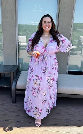 reviewer in v-neck tie waist wide sleeve purple floral maxi dress