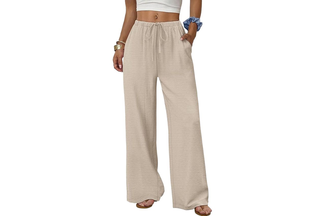Sampeel Linen Pants Women Wide Leg Palazzo Pants Flowy Casual Summer Outfits Cruise 2026 Fashion Beach Vacation Clothes Spring Drawstring Elastic Waist Trouser Khaki S at Amazon Women’s Clothing store